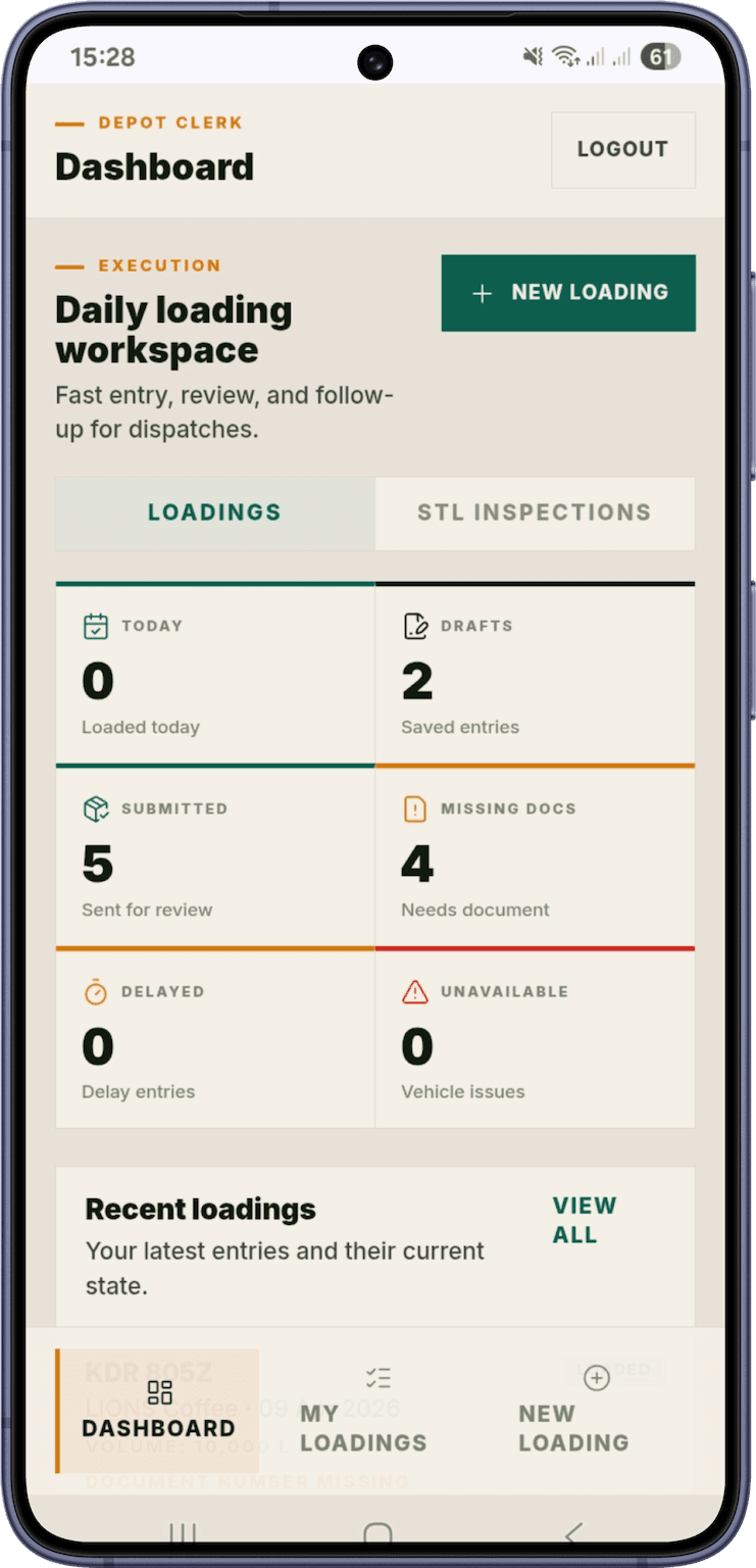 Tanka mobile app dispatch workspace used by drivers and depot clerks